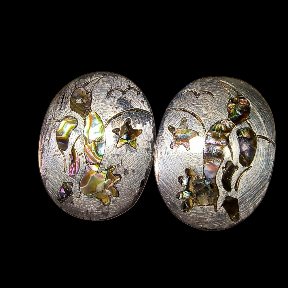 Vintage Taxco Abalone And Sterling Silver Inset Penguin Earrings - Picture 2 of 11